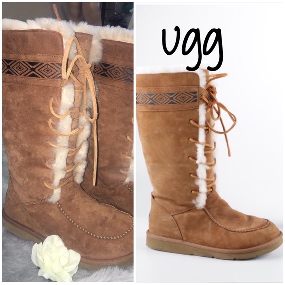 UGG Shoes - UGG TALL BOOTS  size 8-9 tan tie up sheepskin